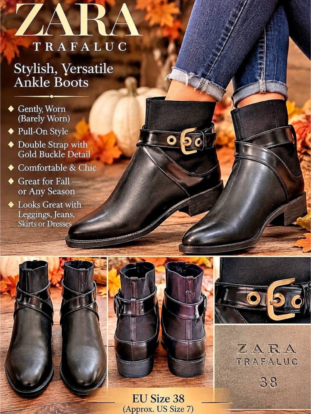 Zara Black Buckle Ankle Boots EU 38 Like New a Timeless Boot38